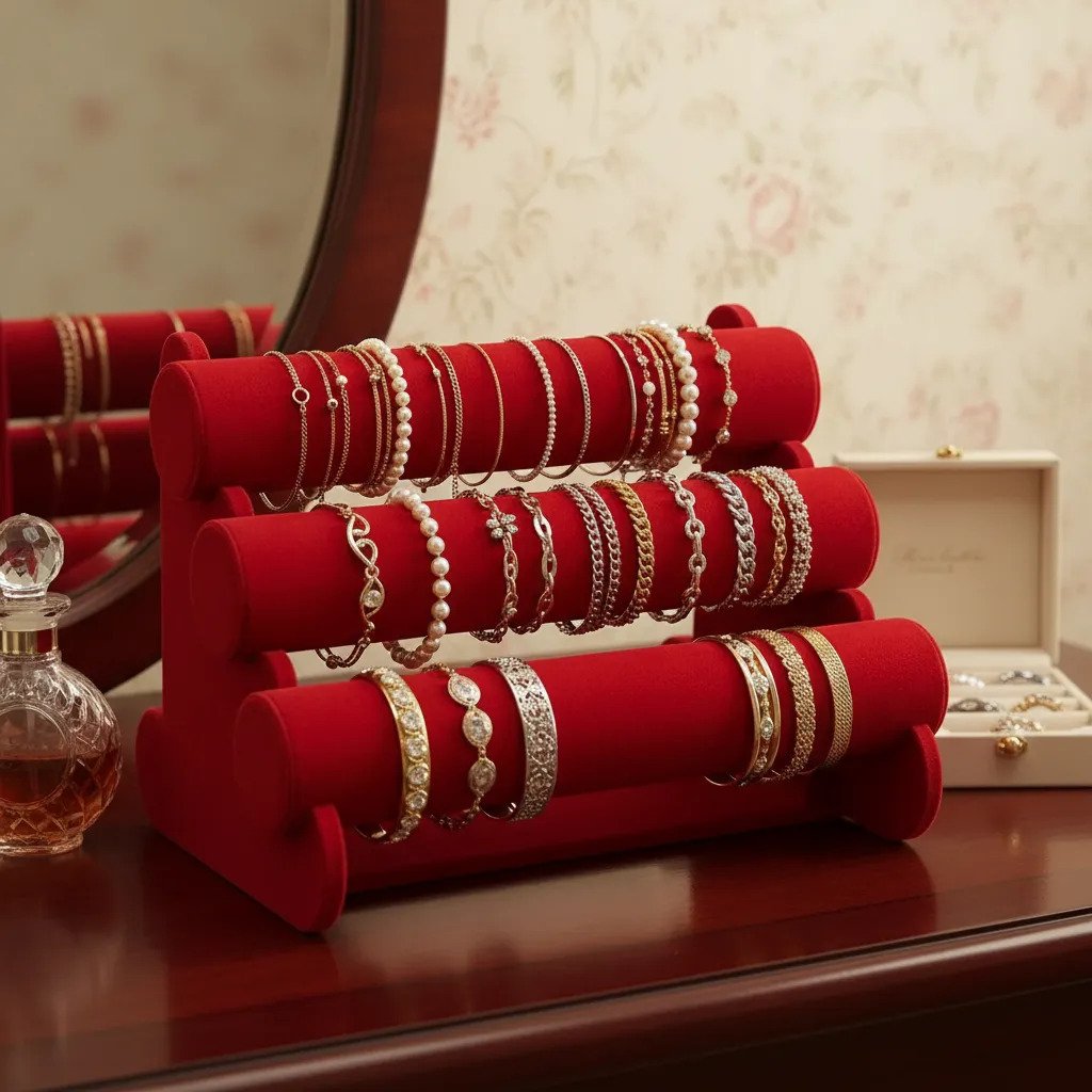 Organizador Exhibidor De Joyas 3 Niveles Terciopelo Rojo - Imagen 3